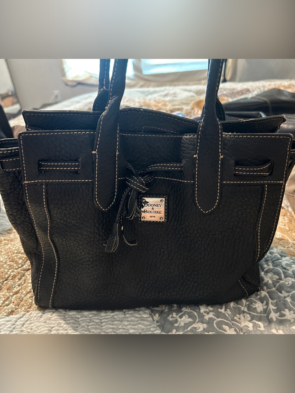 Dooney & Bourke Black Leather Tote with Contrast Stitching